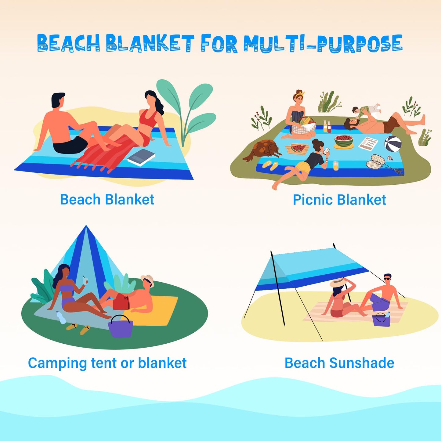 Aroveea Beach Blanket Waterproof Sandproof 1-7 Adult Oversized 78 '' × 81 '' Lightweight Durable Compact Sand Free Beach Mat for Travel Camping Hiking Picnic Blanket