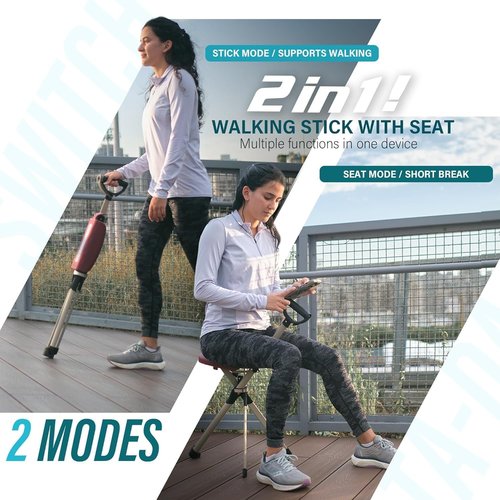 STEP2GOLD Ta-Da Chair Series 2 PRO, Portable Walking Stick, Cane with Seat, Foldable Chair, Hiking Stick, for Camping, Hiking, Lightweight Aluminum, Easy Carry, Anti-Slip (Black)