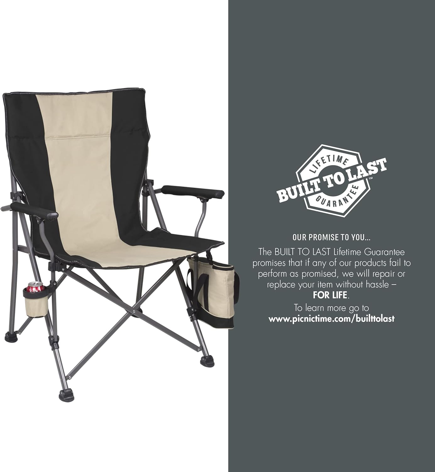 PICNIC TIME Outlander XL Heavy Duty Folding Camping Chair with Insulated Cooler, Oversized Portable Lawn, Beach & Camp Chair with Cup Holder, Storage Pocket, Carry Bag, 400 lb Capacity (Black)