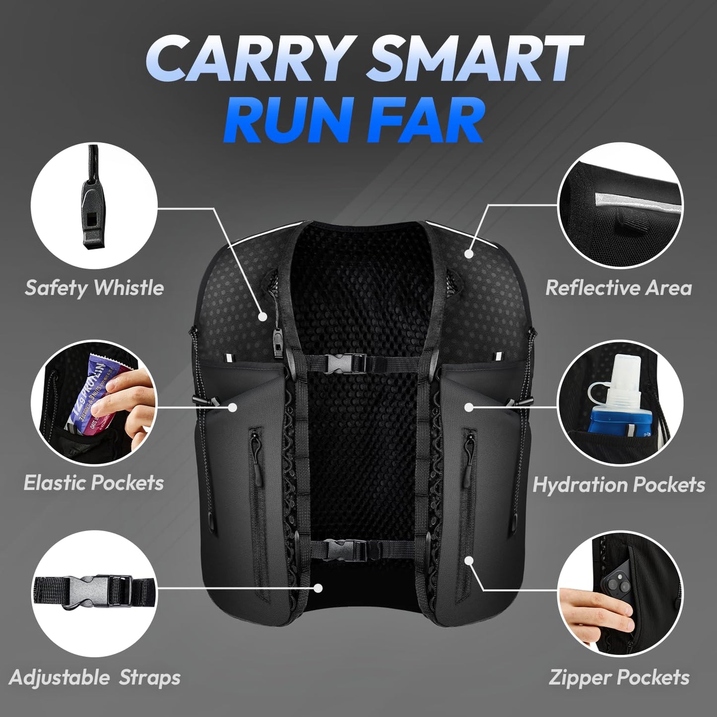 ALL REMATE All-in-One Multi Sport Running Vest including Water Bottle, Whistle, 11 Pockets & 6 Straps – Ergonomic Lightweight Reflective Gear