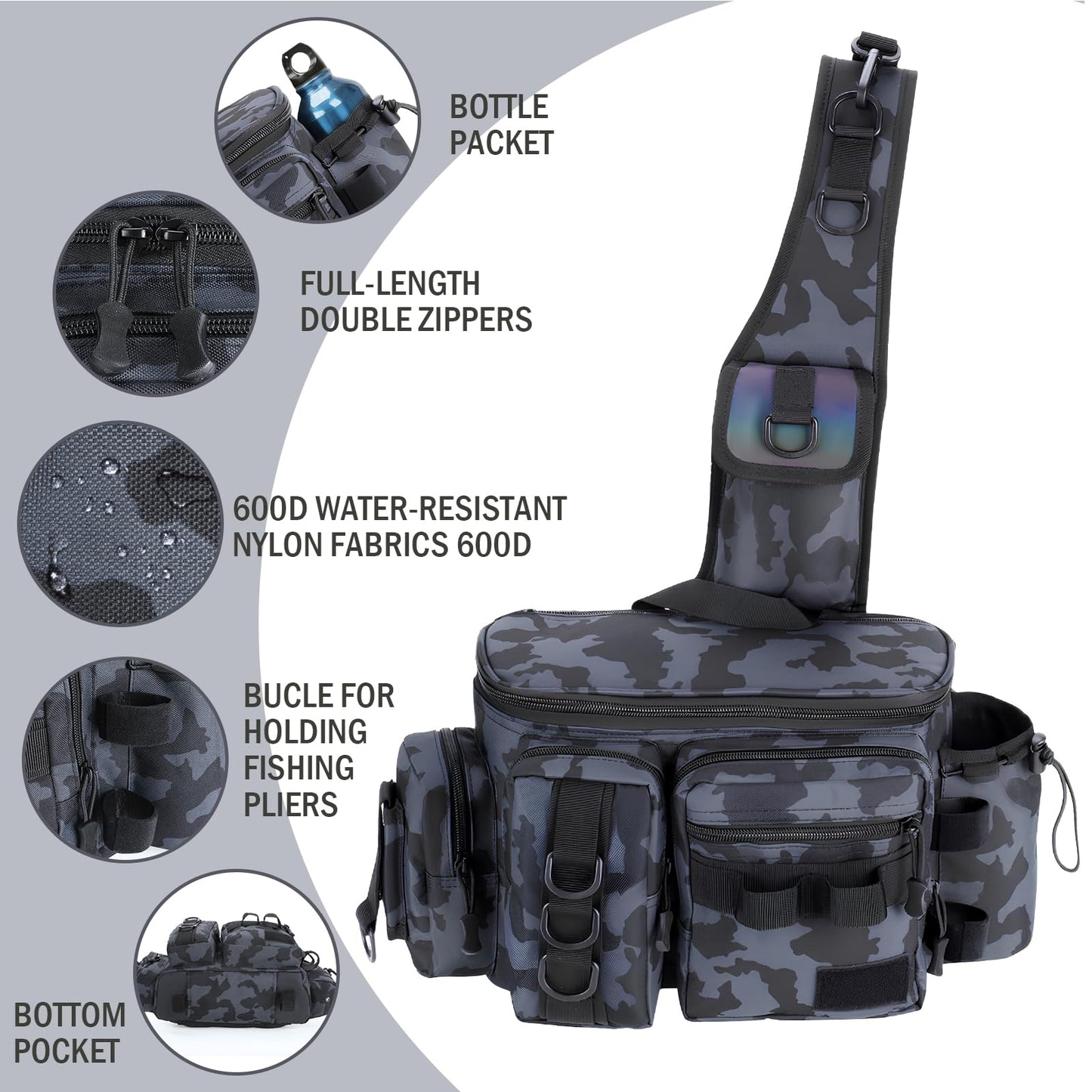 Fishing Bag, Fishing Tackle Storage Bag Chest Pack Rod Holder Shoulder Pack & Waist Bag Organizer with Belt & Shoulder Strap, Colorful Reflective Stripes for Hiking Fishing Camping (Black Camouflage)