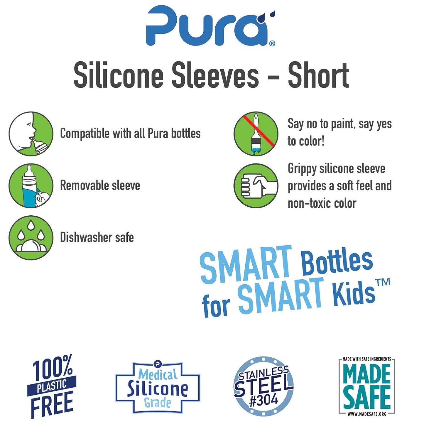 Pura Kiki Bottle Short Silicone Sleeves - Plastic-Free, Medical Grade, NonToxic, MadeSafe Certified | Adds Grip, Non-Slip, Removable | Provides Insulation for Hot & Cold Liquids | Aqua/Blue