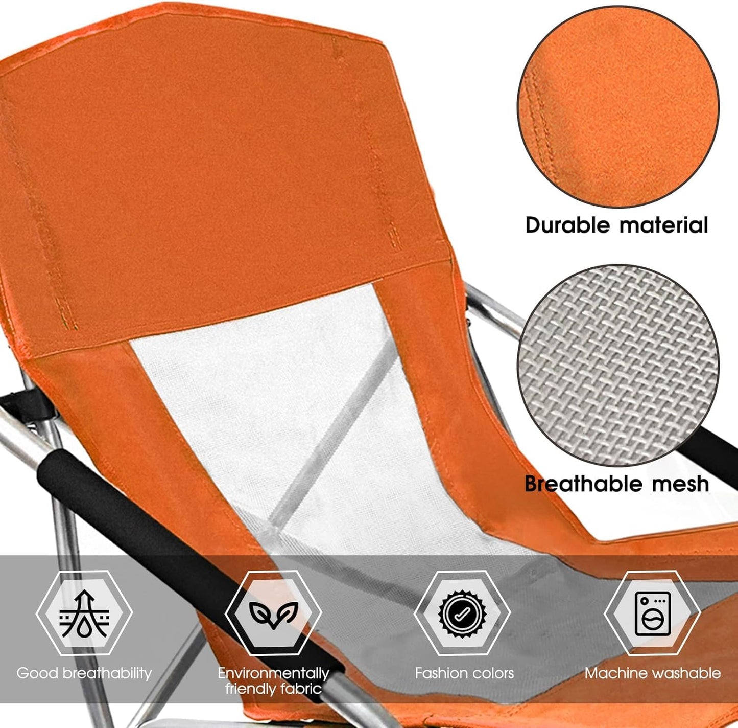 CAMP SOLUTIONS Camp Folding Beach Chair for Adults 2 Pack Chairs with Cup Holder Pocket Headrest Carry Bag for Outdoor, Beach, Camping, Lawn, Music Festival (Orange)