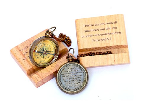 Trust in The Lord with All Your Heart - Proverbs 3: 5-6 Quote Engraved Compass On Wooden Stand, Baptism Gifts for Boys, Religious Gifts, Graduation Day 2025 Gifts, Compass Gifts for Him, Boys, Men