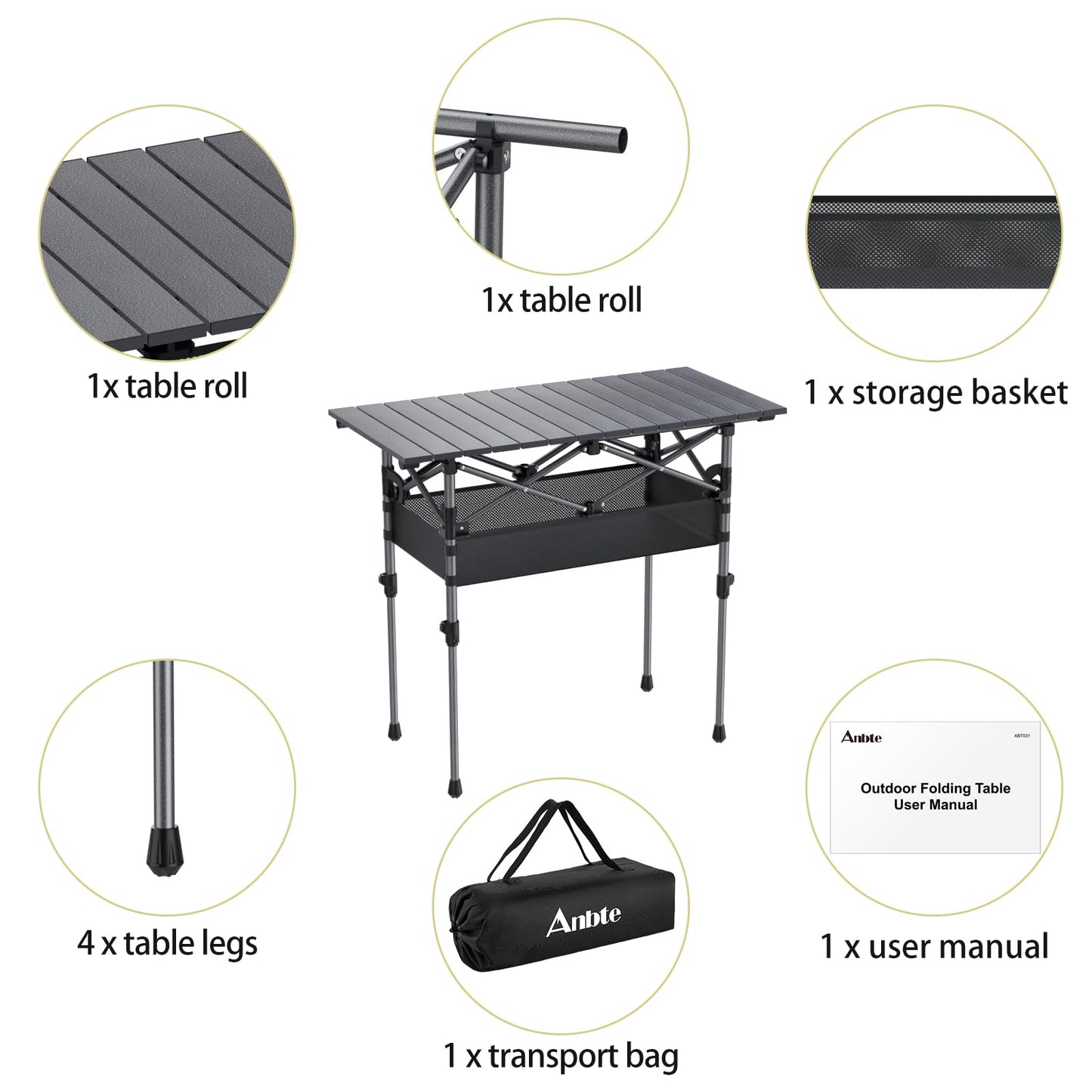Anbte Folding Camping Table, Aluminum Roll Up Camping Table Adjustable Height with Storage Net and Bag, Lightweight Outdoor Table 32.2” X 16”, for Outdoor Travel BBQ Party Picnic, Black