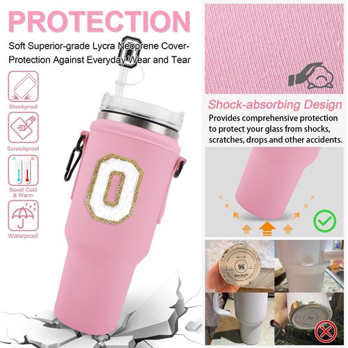 Initial A-Z Water Bottle Carrier Bag with Strap for Stanley 40oz Tumbler with 2 Letter Stanley Straw Topper Covers & 2 Letter Charms,Personalized Water Bottle Holder for Stanley Cup Accessories,Pink-O