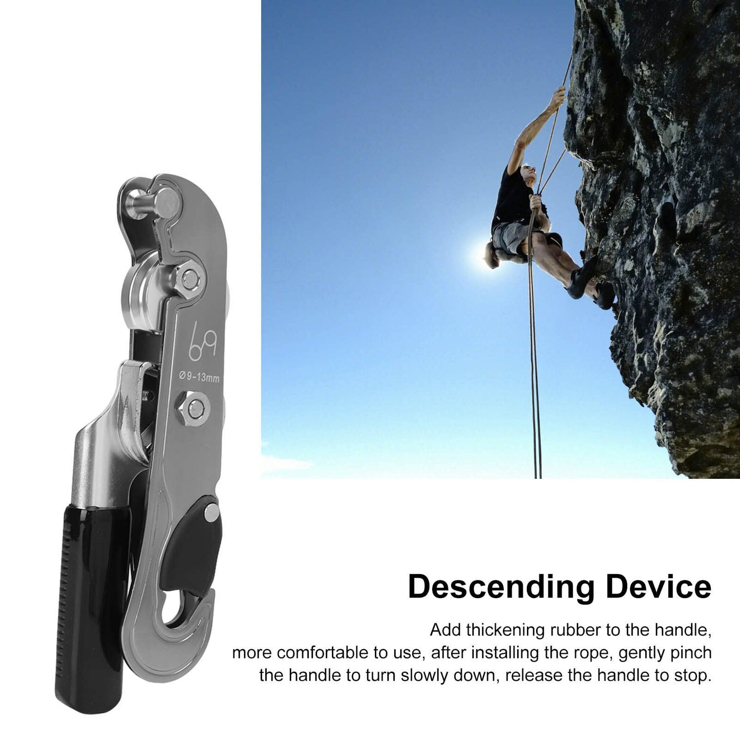 Hand Stop Descender, Professional Rock Climbing Descender & Ascender Set, Rappelling & Abseiling Device with Rope Stopper, Essential Climbing Gear for 9-13mm Rope, Belay Device