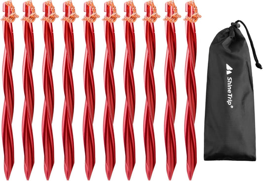 TRIWONDER Tent Stakes Heavy Duty Metal Ground Pegs Camping Stake Tarp Anchors Tent Spikes Aluminum Outdoor Sand Garden Camping Accessories for Beach (Red - Swirled Shape - 9.84 Inches - 10 Pack)