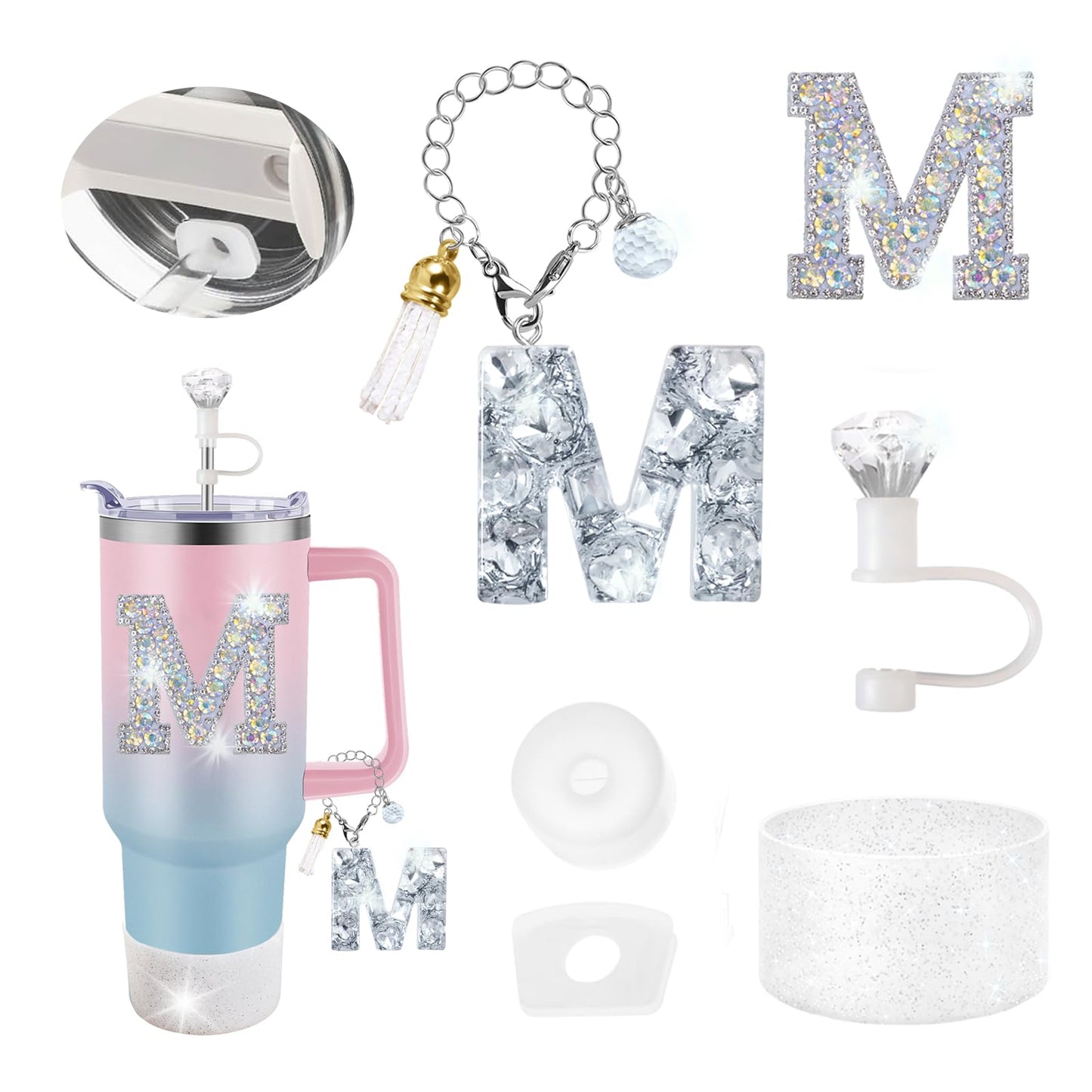 6 PCS Stanley Cup Accessories Set Design for Stanley Cup 30 oz 40 oz, Diamond Straw Cover Topper Cap, Silicone Boot, Spill Proof Stopper, Handle Charm and Initials Sticker Included for Stanley Tumbler