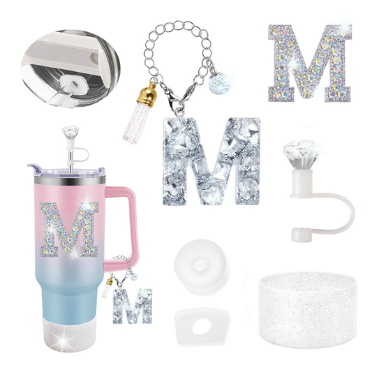 6 PCS Stanley Cup Accessories Set Design for Stanley Cup 30 oz 40 oz, Diamond Straw Cover Topper Cap, Silicone Boot, Spill Proof Stopper, Handle Charm and Initials Sticker Included for Stanley Tumbler