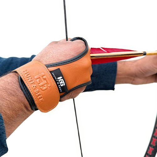 Hunt & Seek Cow Leather Thick Three Finger Archery Shooting Glove for Recurve & Compound Bow – Finger Tab Accessory (Windsor Tan, Medium)