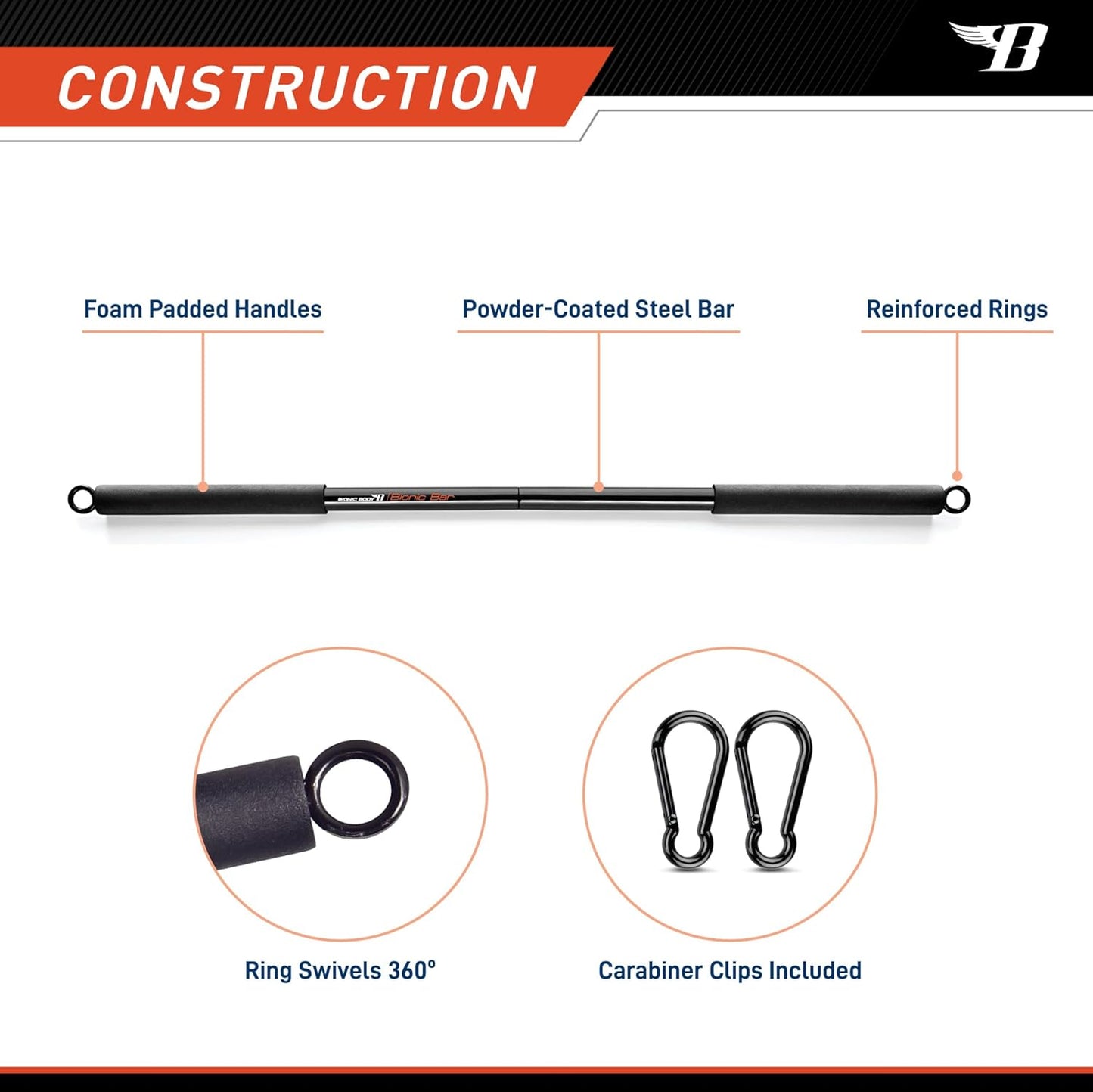 36 Inches Light Weight Resistance Training Straight Bar – Fits All Resistance Bands/Accessories with Carabiners BBEB-020