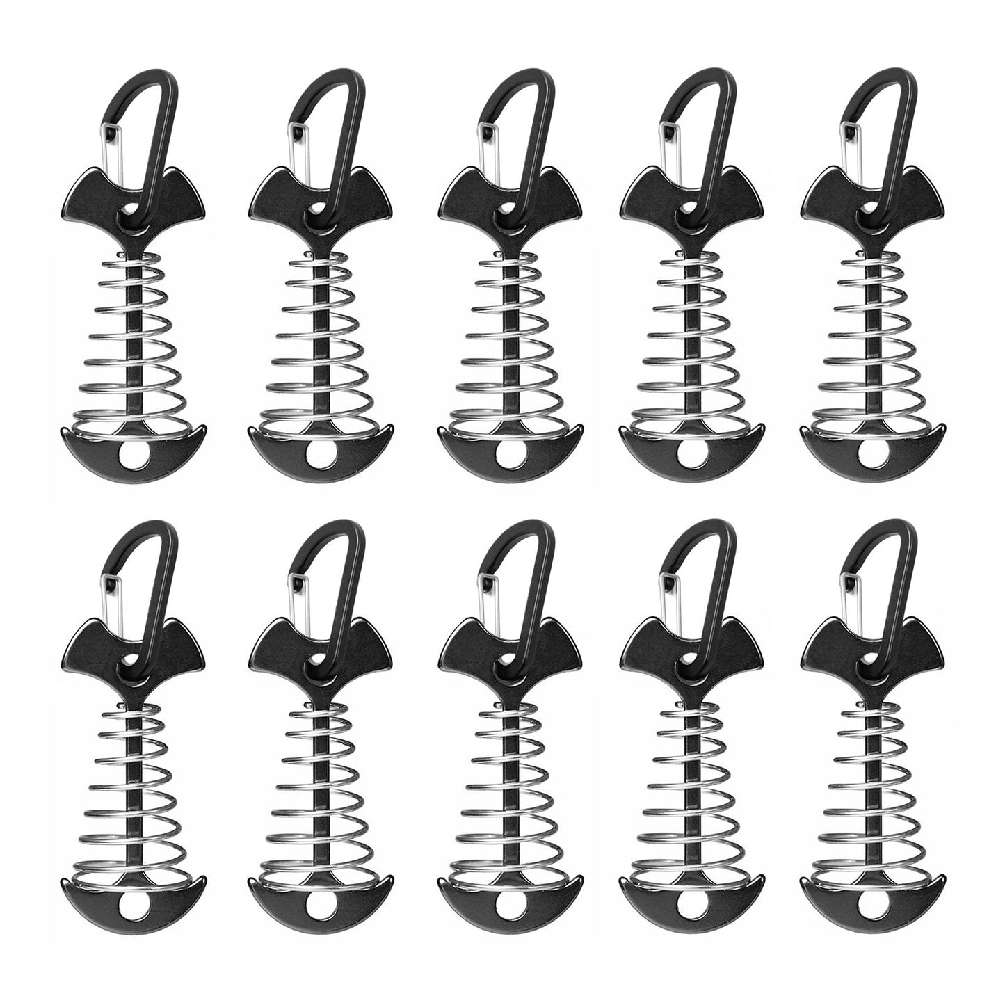 Fishbone Deck Anchor Pegs with Carabiners, Aluminium Tent Stakes with Spring Buckle, Windproof for Outdoor Camping Hiking (10Pcs Black)