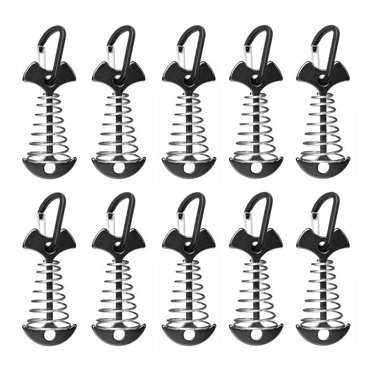 Fishbone Deck Anchor Pegs with Carabiners, Aluminium Tent Stakes with Spring Buckle, Windproof for Outdoor Camping Hiking (10Pcs Black)