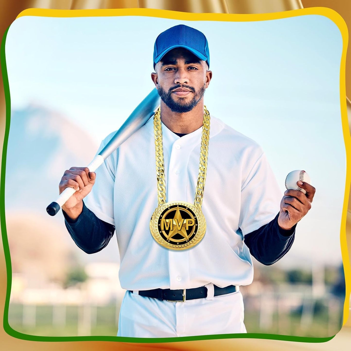 Gold MVP Award Medals Necklace - 6" Big Sports Achievements Champ Medal with Turnover Chain for Most Valuable Player,Champion Chain for Sports Competitions Celebration, Prize Gifts Party Favors