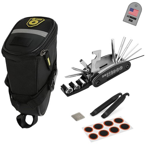 CROSSSELL Bike Repair Tool Kit with Saddle Bag – 16 in 1 Multifunction Bike Multitool, Tire Patch Kit, Tire Levers, – Waterproof Under Seat Bag for Road, Mountain & Hybrid Bikes