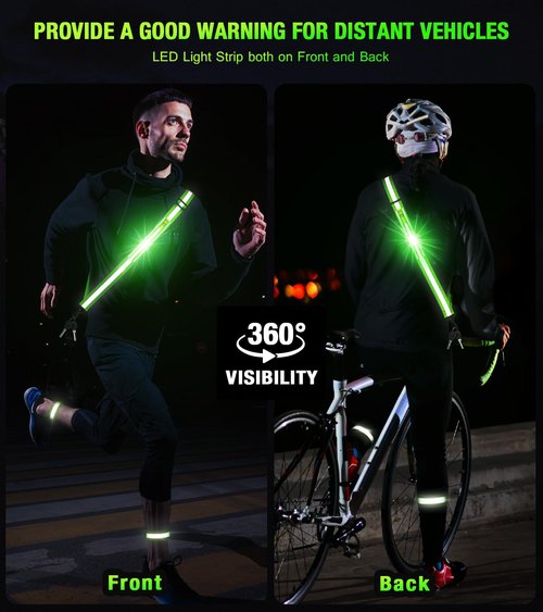 LED Reflective Running Gear High Visibility Reflective Belt Sash with Armband for Walking at Night,Adjustable Running Safety Gear Light Up Running Belt for Runners Walkers Men Women (Green)