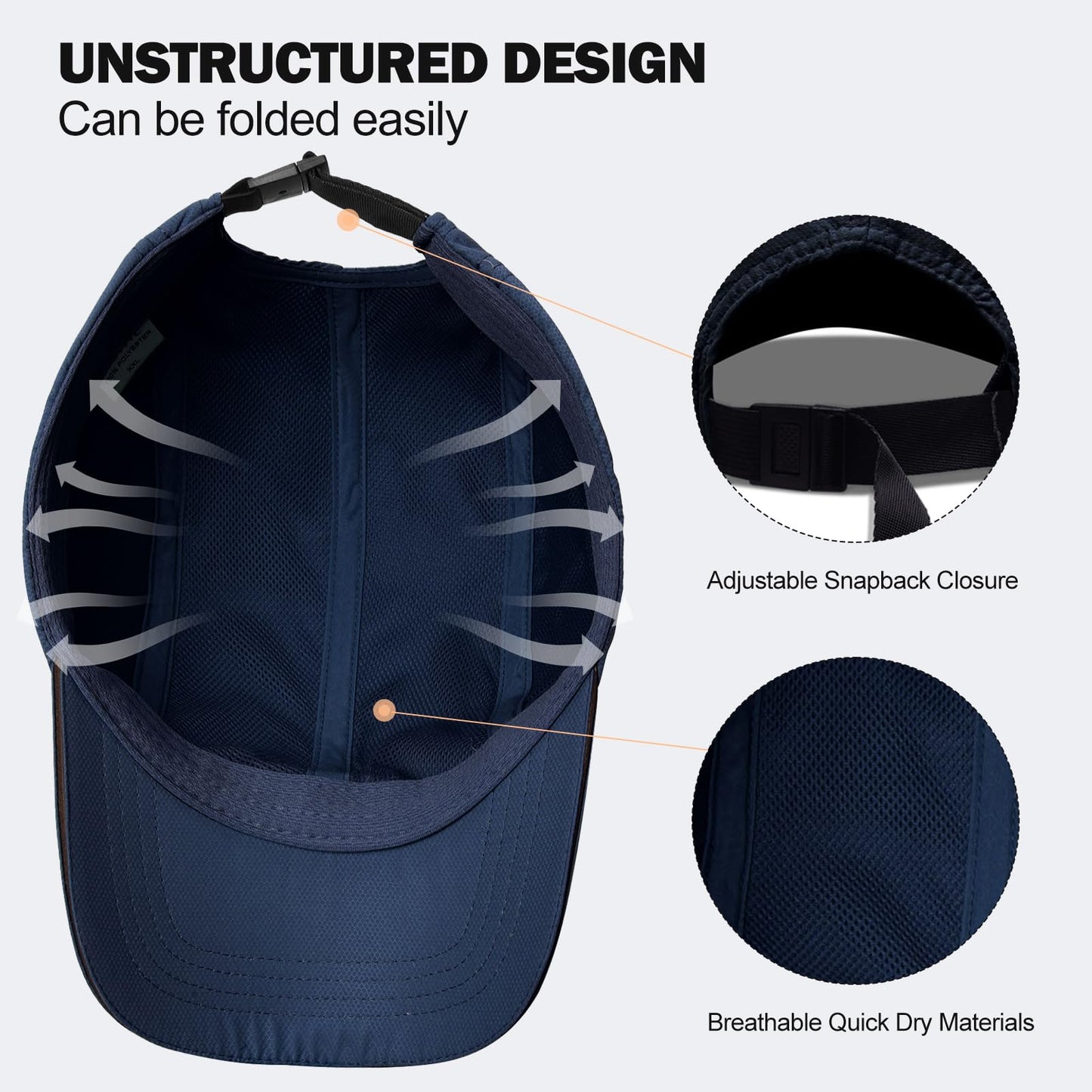 KDVOG Men's Breathable Run Hat Oversize XXL Quick Dry Sport Cap Reflective Safety Snapback Hat Adjustable Lightweight Baseball Hat Navy Blue
