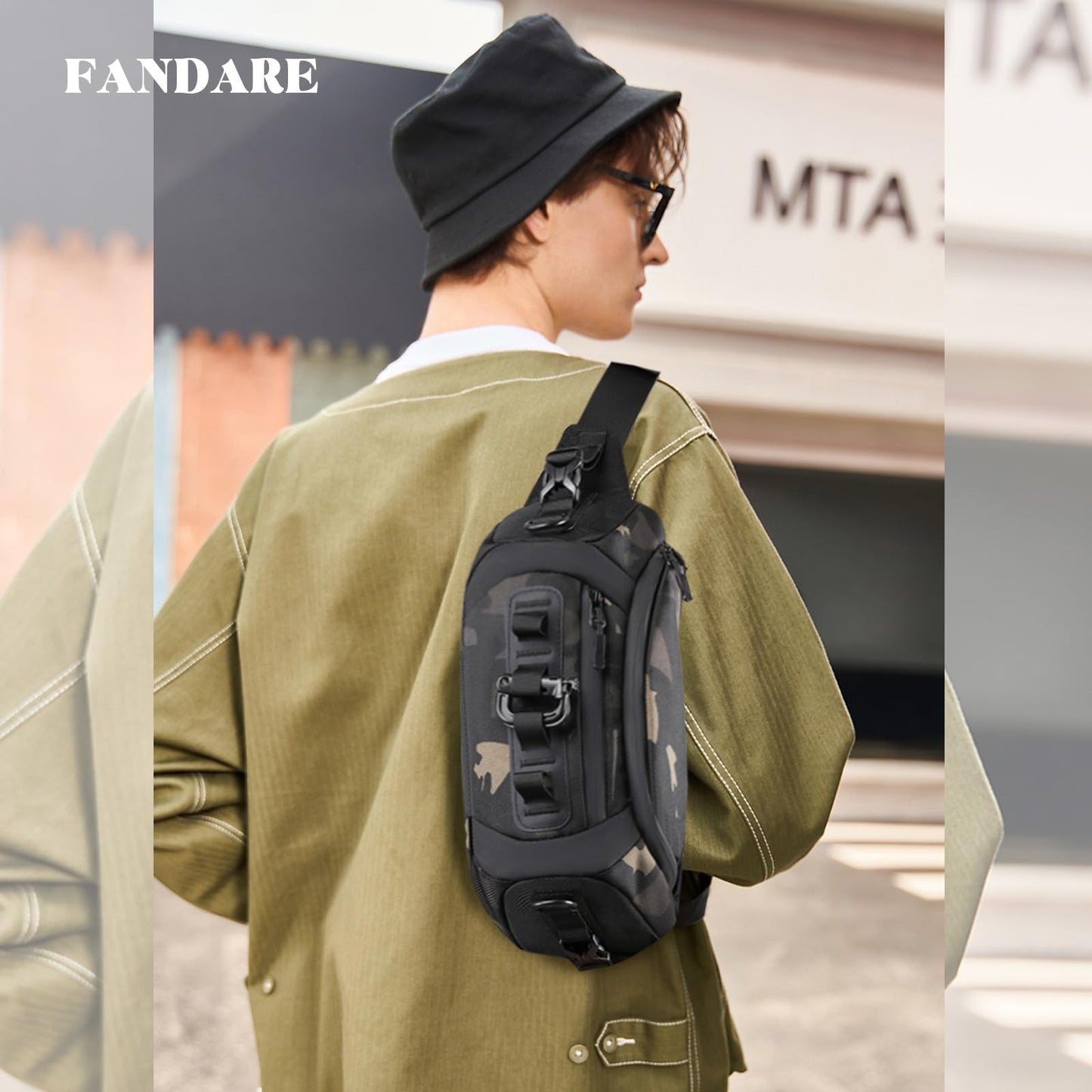 FANDARE Waist Fanny Pack Casual Sling Bag Sport Bumbags for Women Men Chest Crossbody Bags Cover Pack for Hiking Cycling Travelling Outdoor Gym Business Nylon Shoulder Pouch Camo