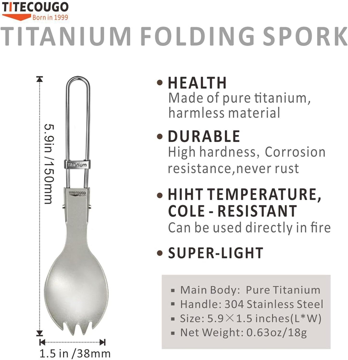 Ultralight Titanium Spork for Camping - Folding Spoon & Fork Combo, 18g