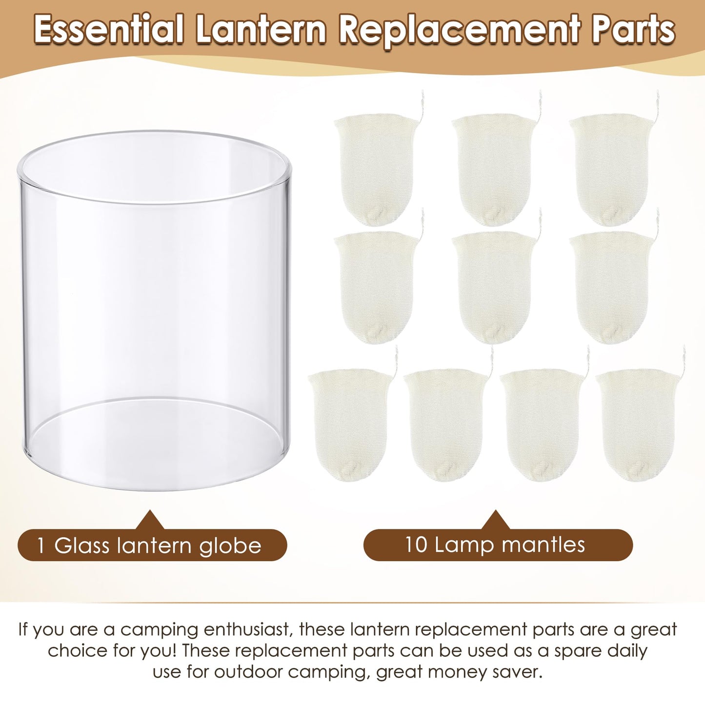 Ceoighe 11 Pcs Propane Lantern Mantles with Glass Replacement Globe, Standard Lantern Replacement Parts U Shape & Mantles, Camp Lamp Mantle Compatible with Coleman Fuel Lamp for Outdoor Camping