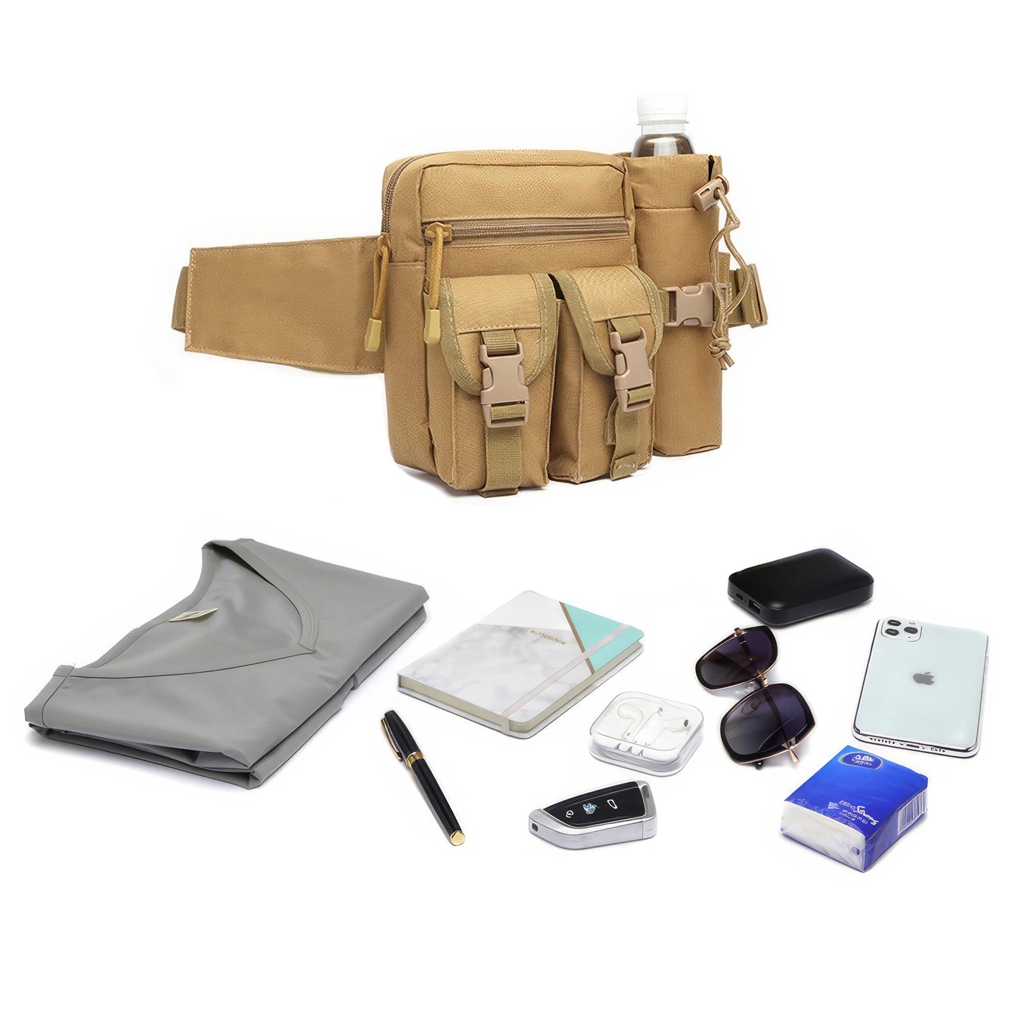 Piscorush Tactical Waist Pack with Water Bottle Holder Versatile and Waterproof Military Fanny Pack Utility Belt for Outdoor Hiking Camping Fishing (Khaki)