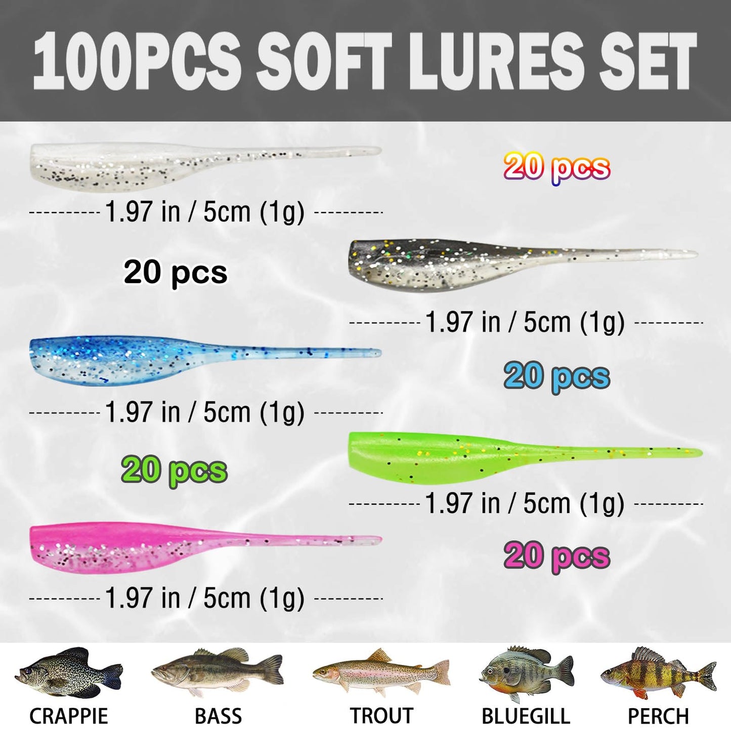 100pcs Crappie Lures Kit, Crappie Jig Heads and Crappie Baits Soft Plastic Fishing Lures for Crappie