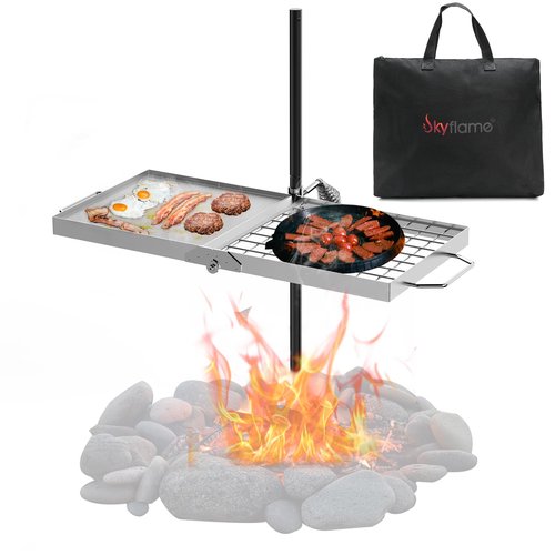 Skyflame Swivel Campfire Grill, Stainless Steel Folding Camping Grill Grate and Griddle with Carrying Bag, Portable Outdoor Cooking Equipment for Open Flame Fire Pit, Backpacking, Camping