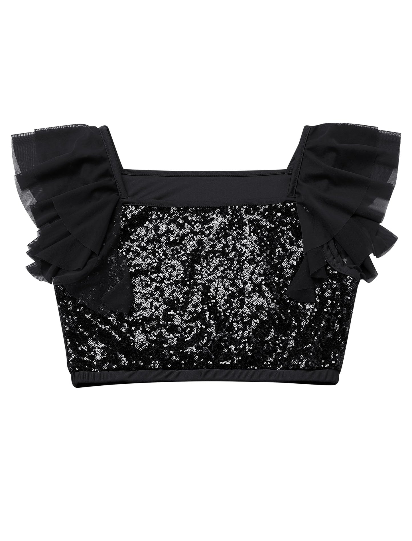 Lyrical Dance Dress for Women Ruffle Sleeve Square Neck Sparkly Sequins Crop Top Tiered Chiffon Midi Skirt Teen Girl Contemporary Dance Outfits Ballerina Dance Dress Black S