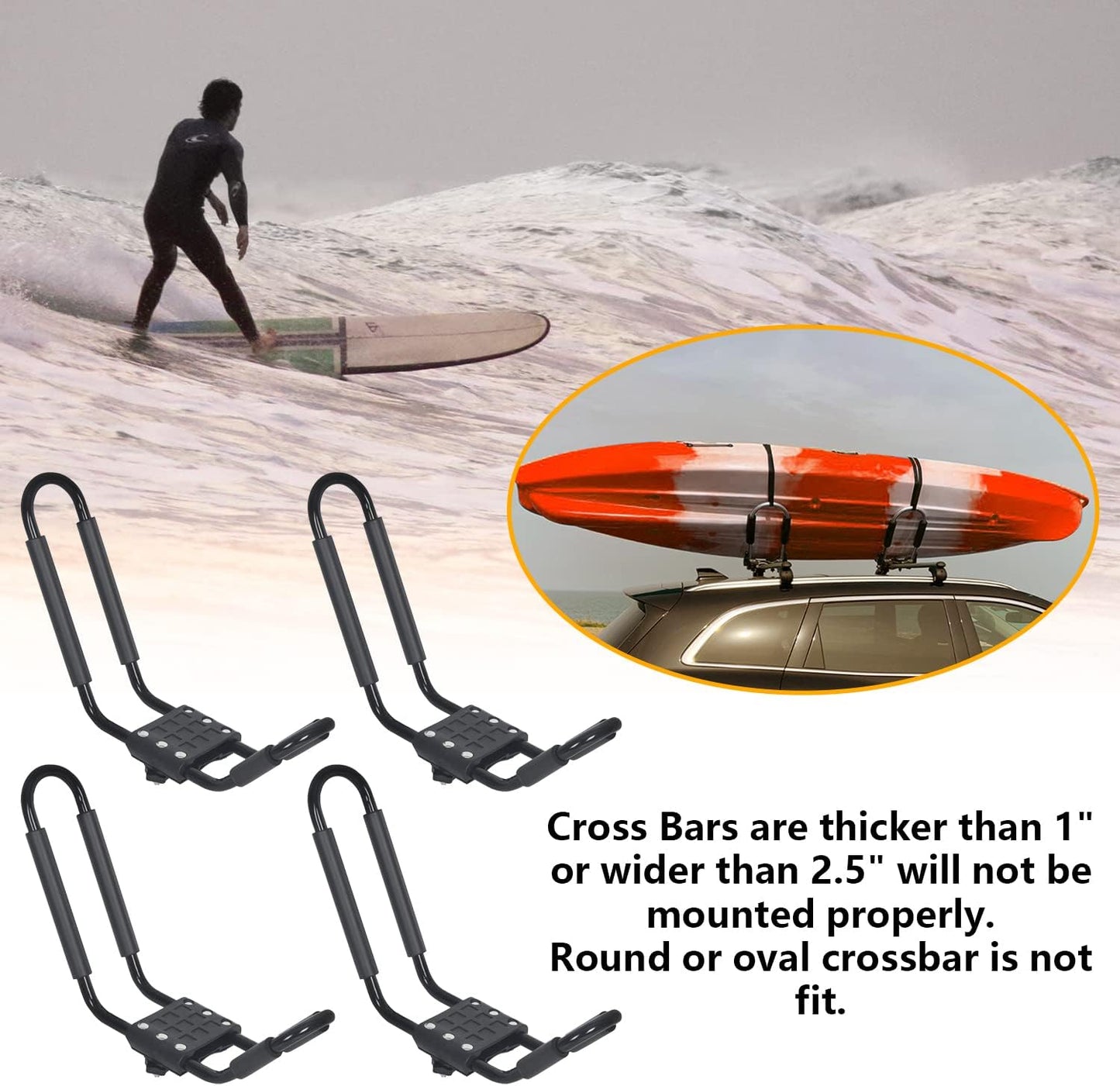 J-Bar Roof Rack Kayak Carrier Holder Boat Canoe Surf Ski Snowboard Holder Mounted on Top Crossbar SUV Truck 2 Pairs Steel