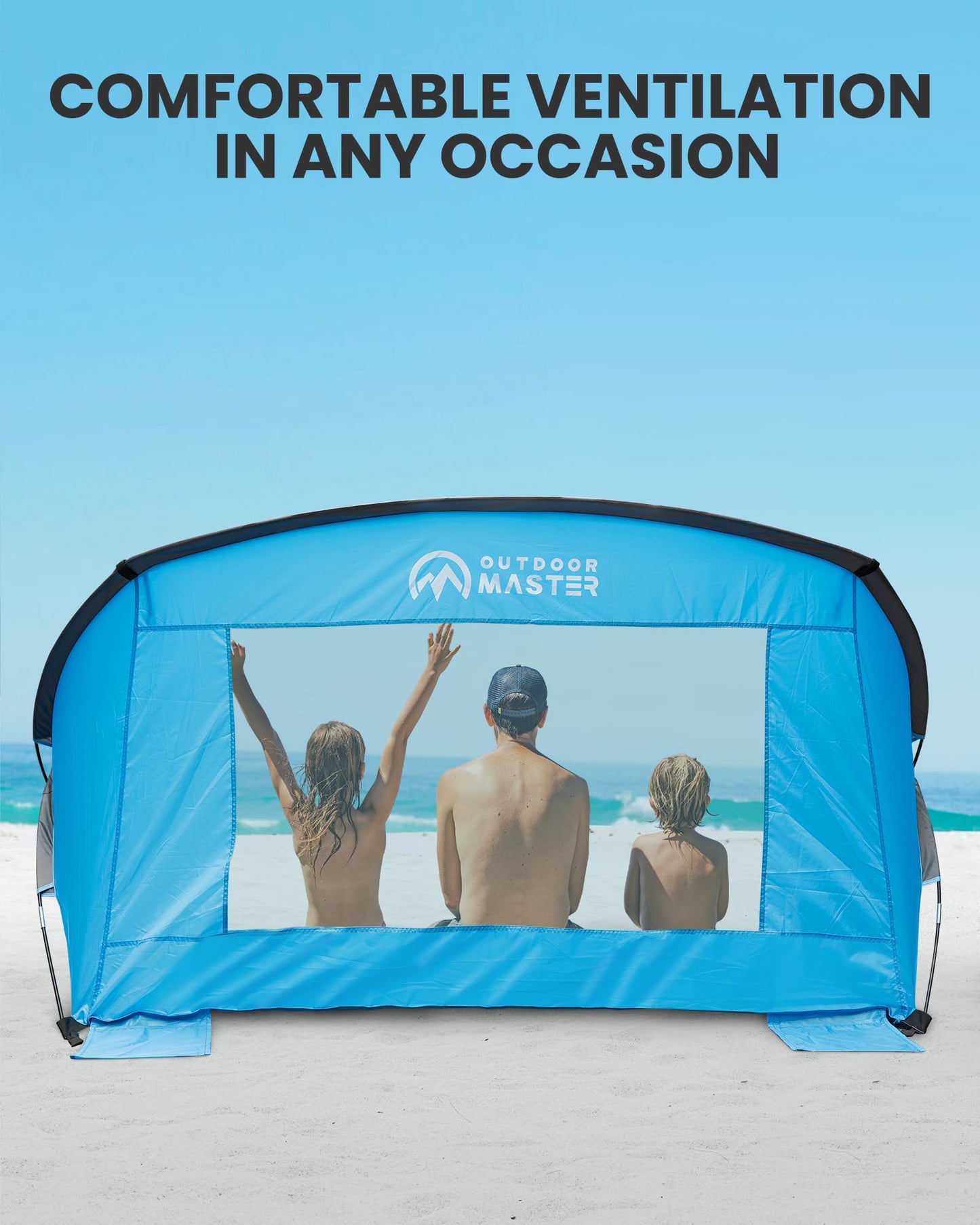 OutdoorMaster Beach Tent for 3-4 Person - Easy Setup and Portable Beach Shade Sun Shelter Canopy with UPF 50+ UV Protection Removable Skylight Family Size-Blue