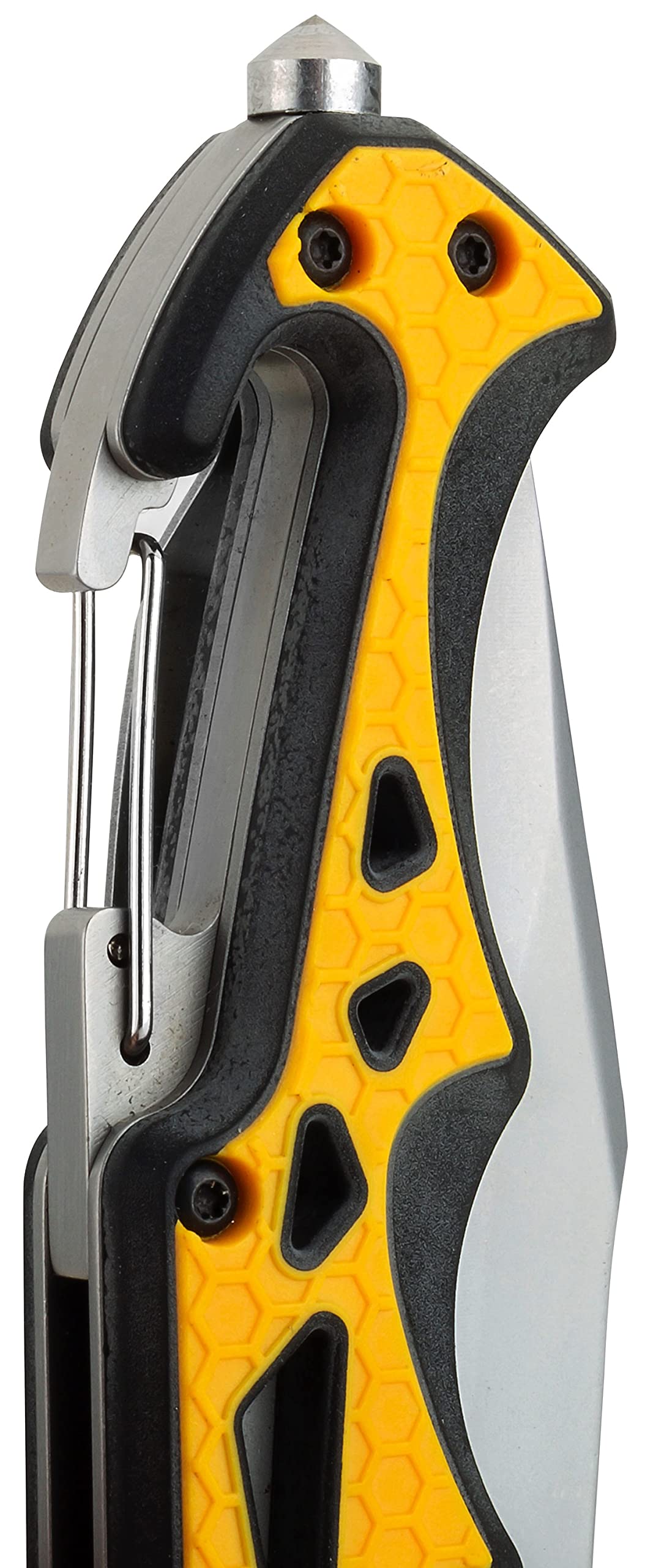 Cat 7-3/4 Inch Drop Point Folding Pocket Knife with Glass Break and Carabiner, Camping, Outdoors, Handy Pocket Clip, and Dual Thumb Studs, Every Day Carry - 980524