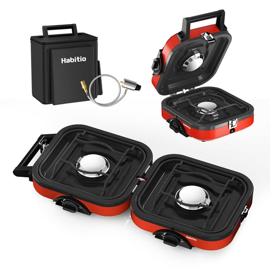2-Burner Camping Stove Foldable, Portable Propane Camp Stove with 16000 BTU Adjustable Burners and Piezo Ignition, Folding Stove with Carry Bag & Handle for Camping, Tailgating, Backyard BBQ - Red