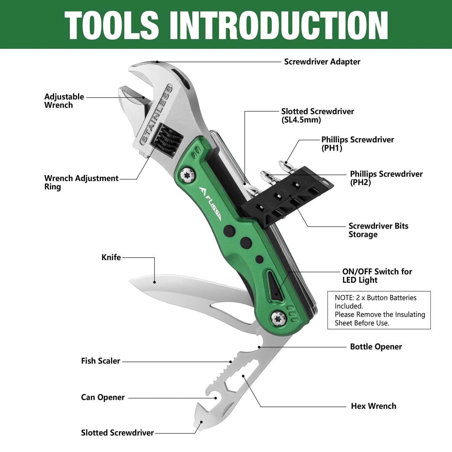 FLISSA 13-in-1 Multi Tool Wrench, Gift for Dad, Stainless Steel Multitool Adjustable Wrench with LED Light, EDC Pocket Knife with Sheath, Multipurpose Multi Use Tool