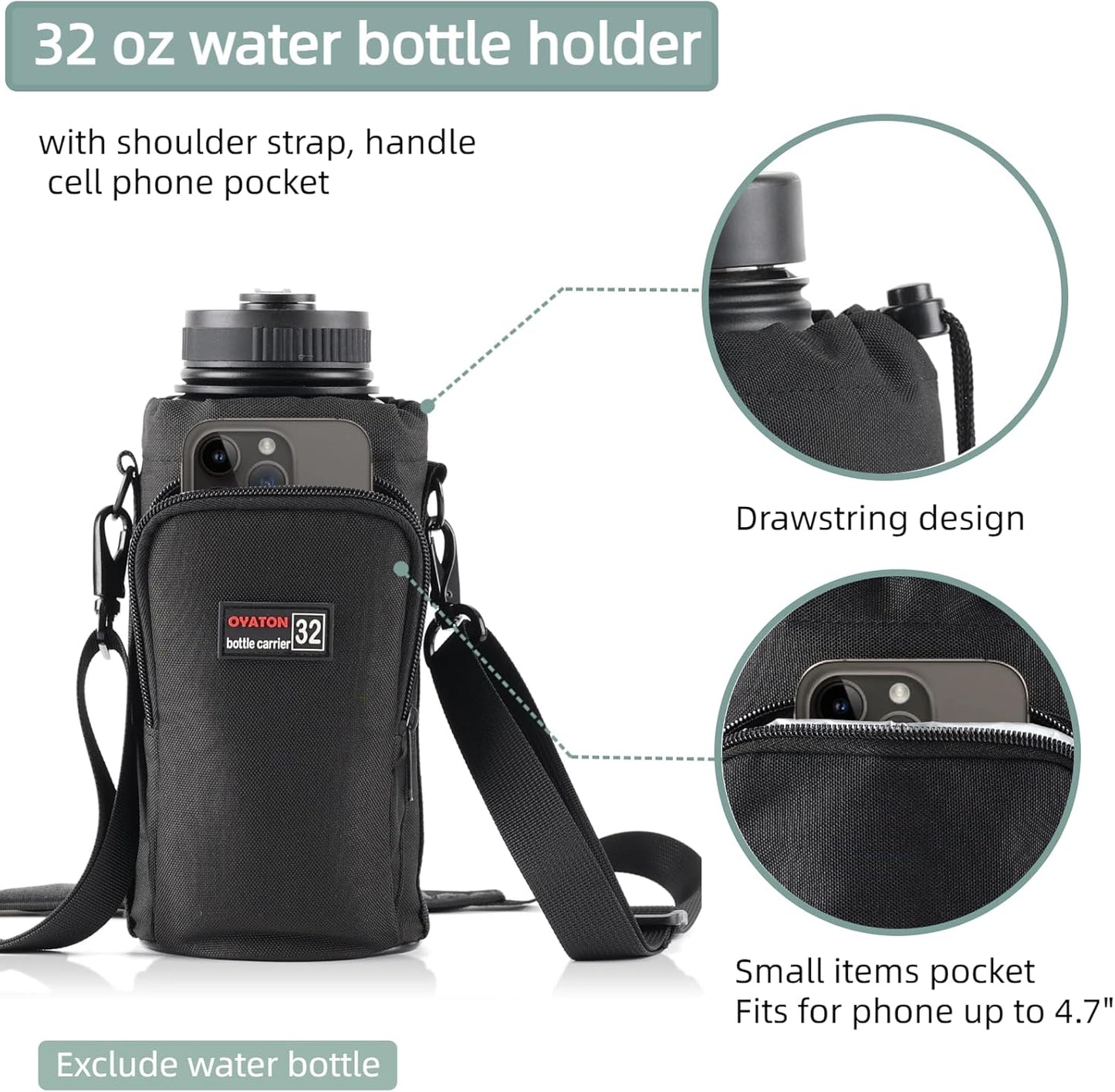 32 oz - 64 oz Black Neoprene Bottle Holder with Strap and Pocket for Walking, Travel and Hiking