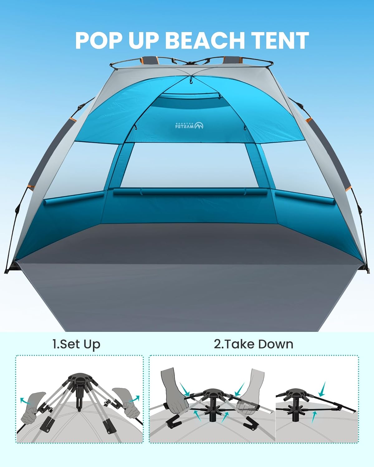 OutdoorMaster Beach Tent Sun Shelter for 3-4 Person, Pop Up Beach Tent Easy Setup with Sandbags, Portable Sun Shade Canopy with Carrying Bag for Beach & Outdoor, UPF50+ UV Protection, Family Size
