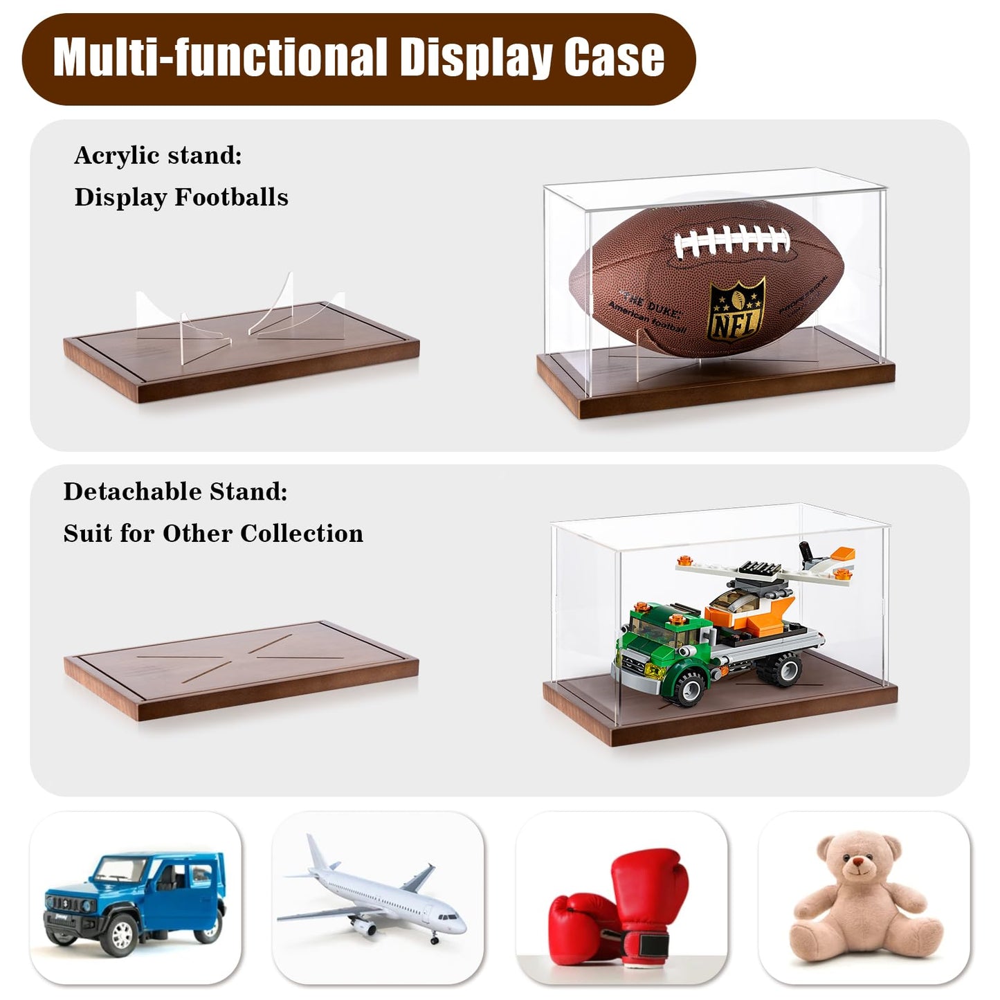 Football Display Case - Clear Acrylic Football Case Display Case with Removable Football Stand, Dust and UV Protection Acrylic Display Box for Signed Football Sports Collectibles Memorabilia Display