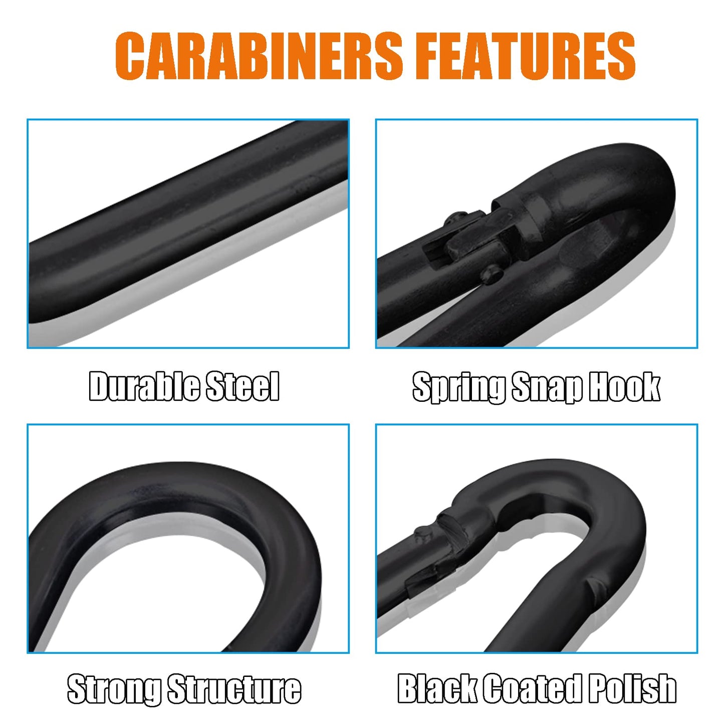 50Pack Carabiner Clips Heavy Duty, 3.2” Large Spring Snap Hooks Bulk, Galvanized Black Carabiners for Camping, Solid Spring Clips for Home Gym Hanging Hammocks Swing Hiking-500lbs Holding Capacity