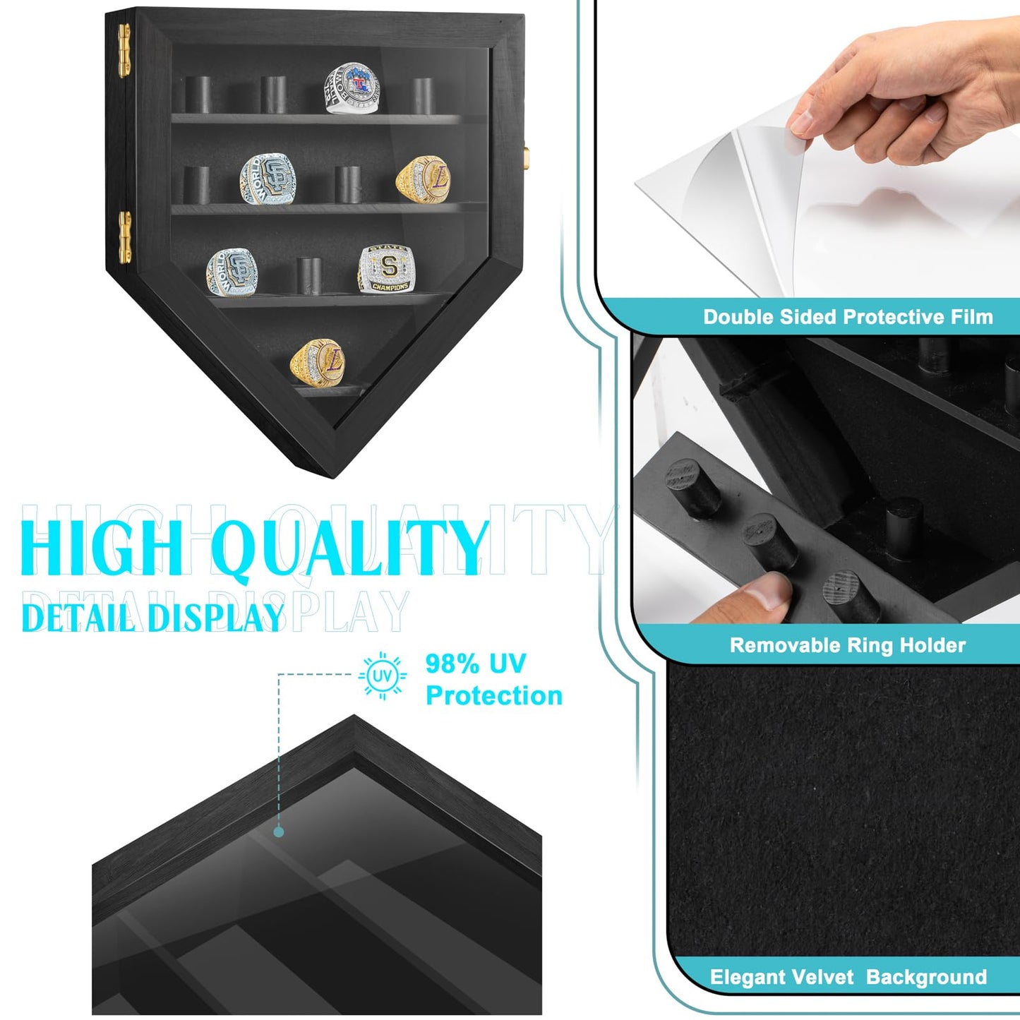 Championship Ring Display Case 12 Ring Posts, Sports Ring Wooden Shadow Box with HD Grass Door 98% UV Protection, Wall Mount Rings Holder for Baseball Basketball Award Rings Champion Souvenirs