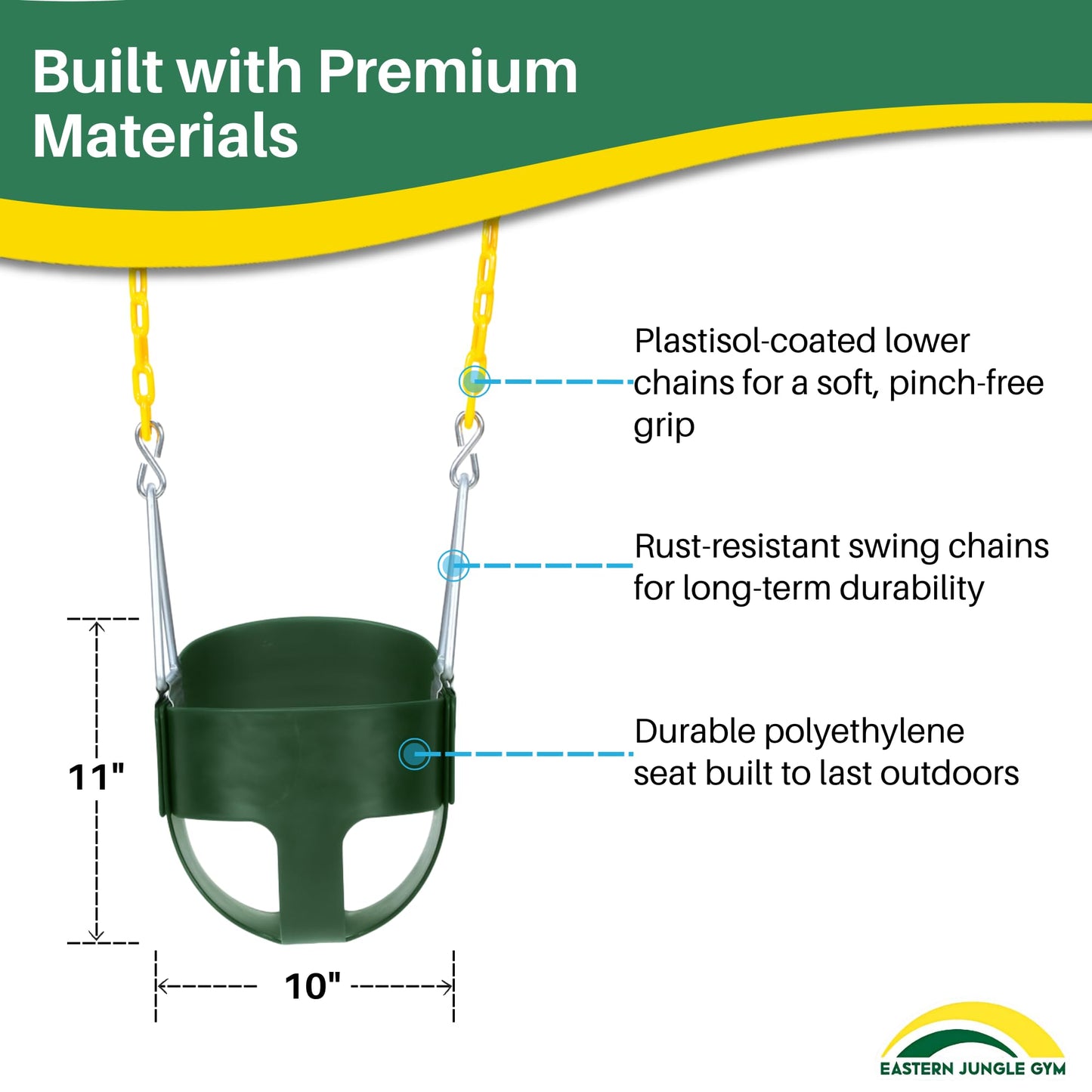 Eastern Jungle Gym Heavy-Duty High Back Full Bucket Toddler Swing Seat | Coated Swing Chains Fully Assembled | Green Swing Set Accessory