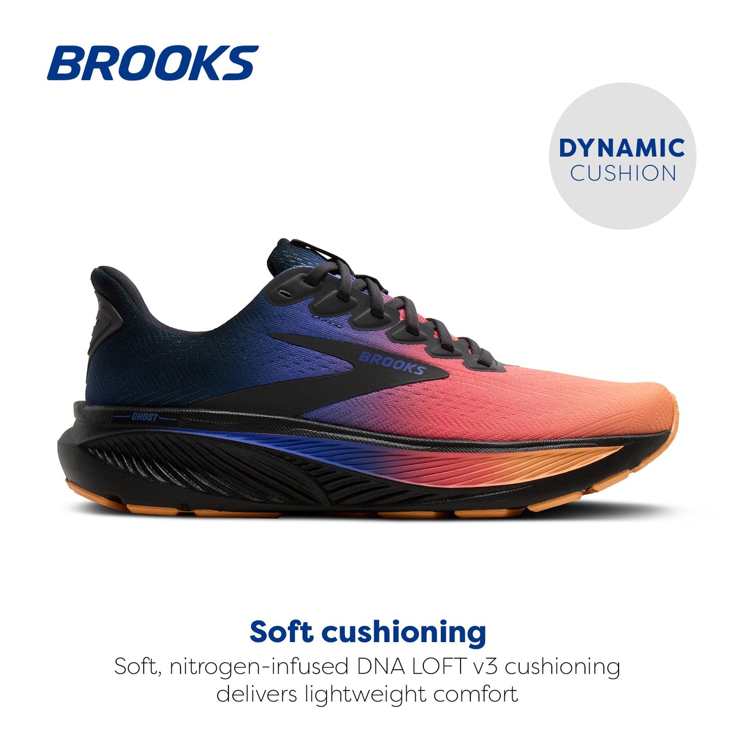 Brooks Men’s Ghost 17 Neutral Running Shoe - Night/Blue/Papaya - 9 Medium