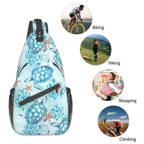 QISENTIS Sea Turtle Sling Bag for Women Men Light Blue Aqua Sea Turtles Ocean Coastal Sea Animal Travel Crossbody Bags Underwater World Print Casual Sling Backpack Chest Shoulder Bag Hiking Daypack