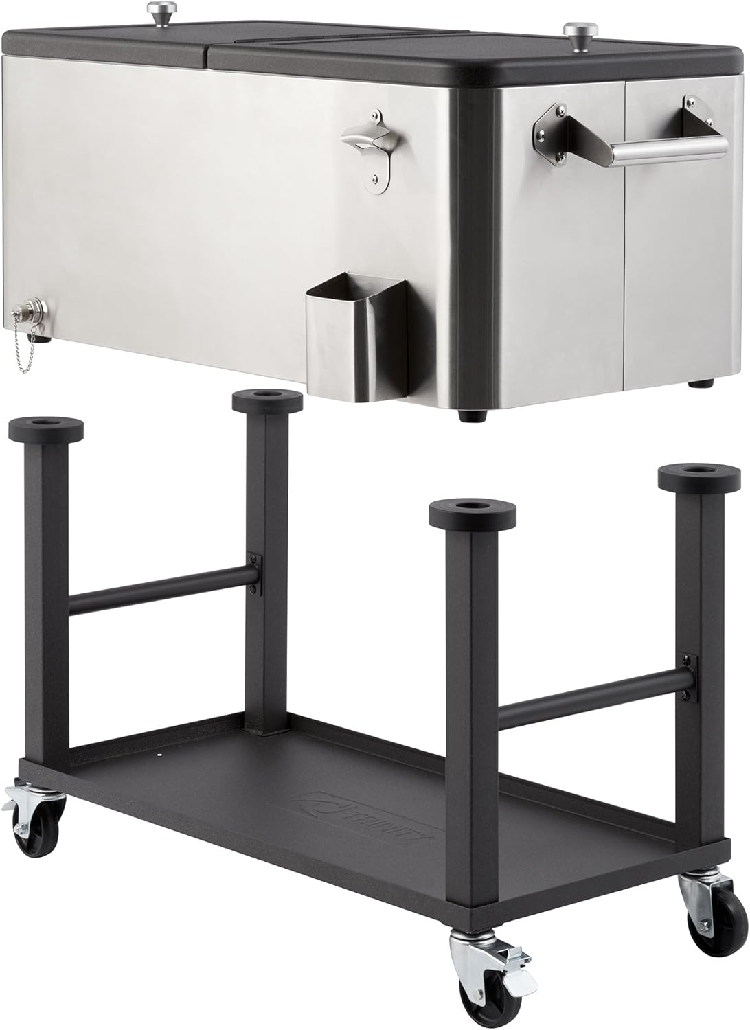 TRINITY Stainless Steel Beverage Cooler and Ice Chest with Wheels and Built-in Bottle Opener, Rolling Cart with Shelf for Patio, Outdoor Bar, and Catering, Detachable Tub, 100 Quart Capacity