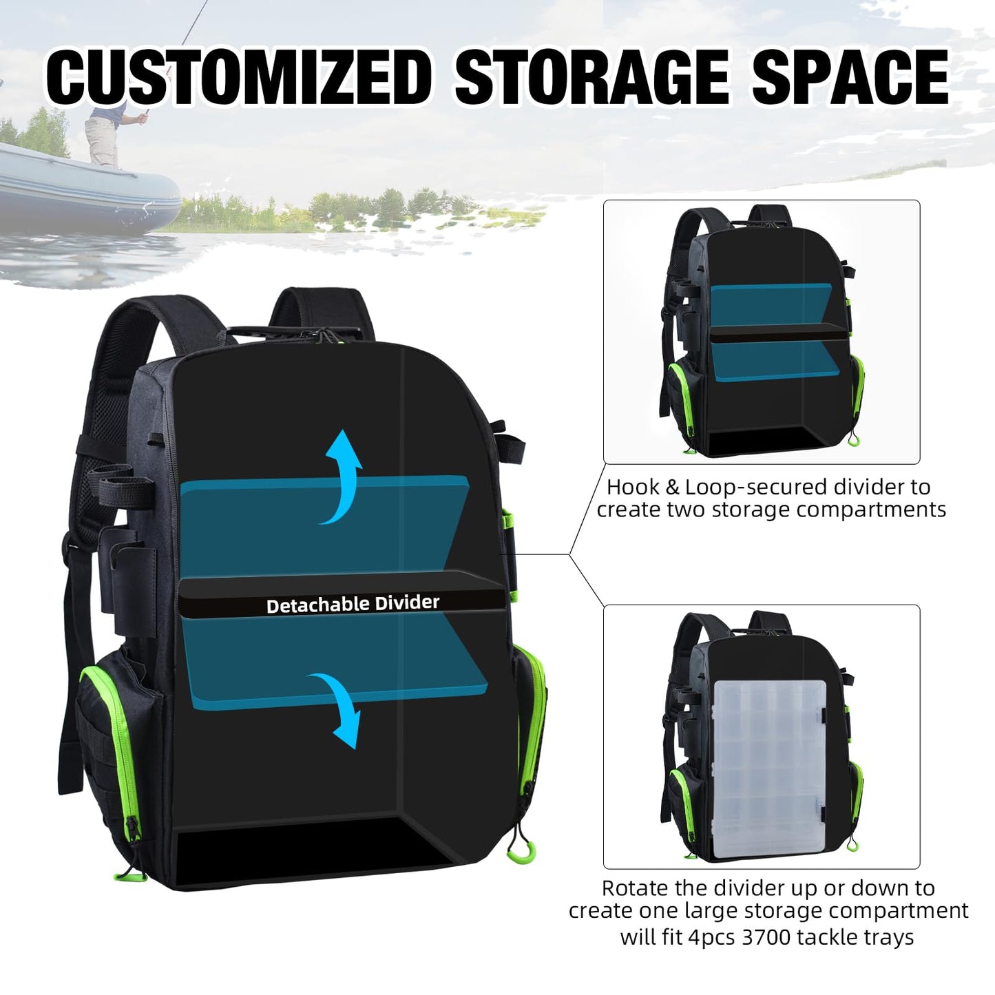 AUMTISC Fishing Tackle Bag Backpack with 2 Rod Holders, 4 Tackle Boxes, Rain Cover & Small Insulated Bag, Large Fishing Backpack for Fish Gear & Equipment