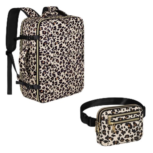 Capolo Leopard Print Travel Backpack + Matching Leopard Print Fanny Packs