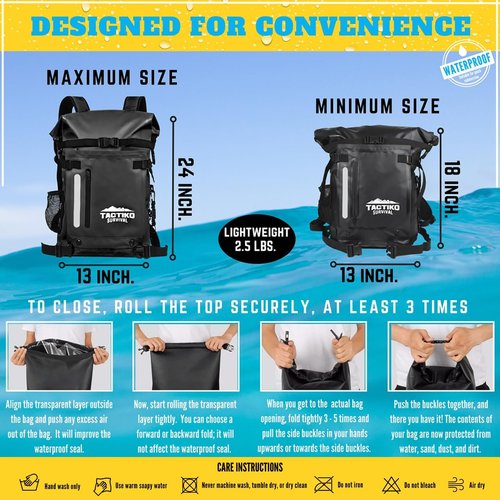 Tactiko Survival 30L Heavy-Duty 100% Waterproof Backpack - Equipment Pocket, Carabiner - Roll Top Floating Dry Bags (Jet Black)