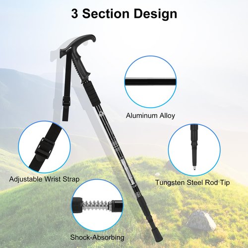 supregear Trekking Poles, 2 Pack Lightweight Aluminum Hiking Poles 3-Section Adjustable Telescopic Shockproof Walking Sticks with T-Handle for Kids Adults Seniors Men Women Camping Backpacking, Black