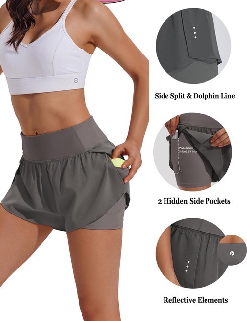 PINSPARK Women Running Short with Liner Comfy High Waisted Athletic Gym Yoga Shorts for Workout Travelling Jogging Graphite Gray S