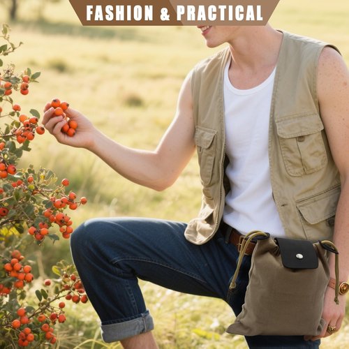 RingSun Waxed Canvas Mushroom Foraging Bag, Collapsible Outdoor Camping Foraging Pouch,Leather Bushcraft Belt Tinder Dump Pouchs