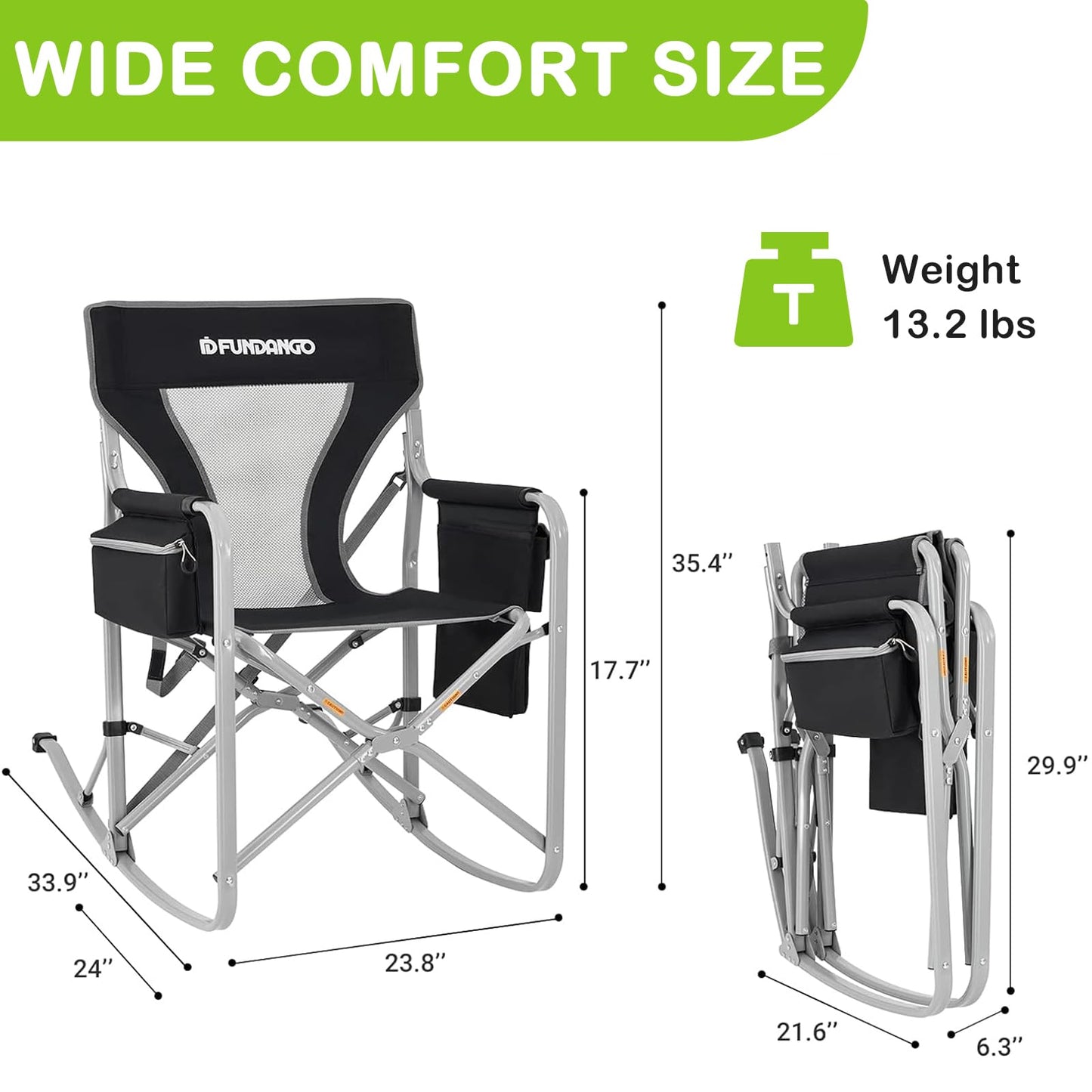 FUNDANGO Rocking Camping Chair for Adults, Oversized Portable Rocking Chair Outdoor Folding with Cooler and Side Pocket for Outside, Backyard, Patio, Lawn, Garden (Black/Grey)